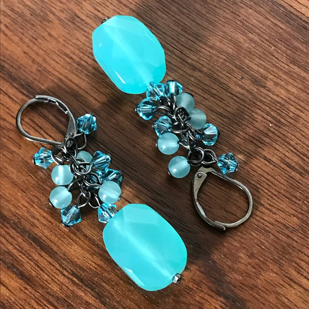Artisan semiprecious pale blue / aqua color natural stone dangle drop earrings